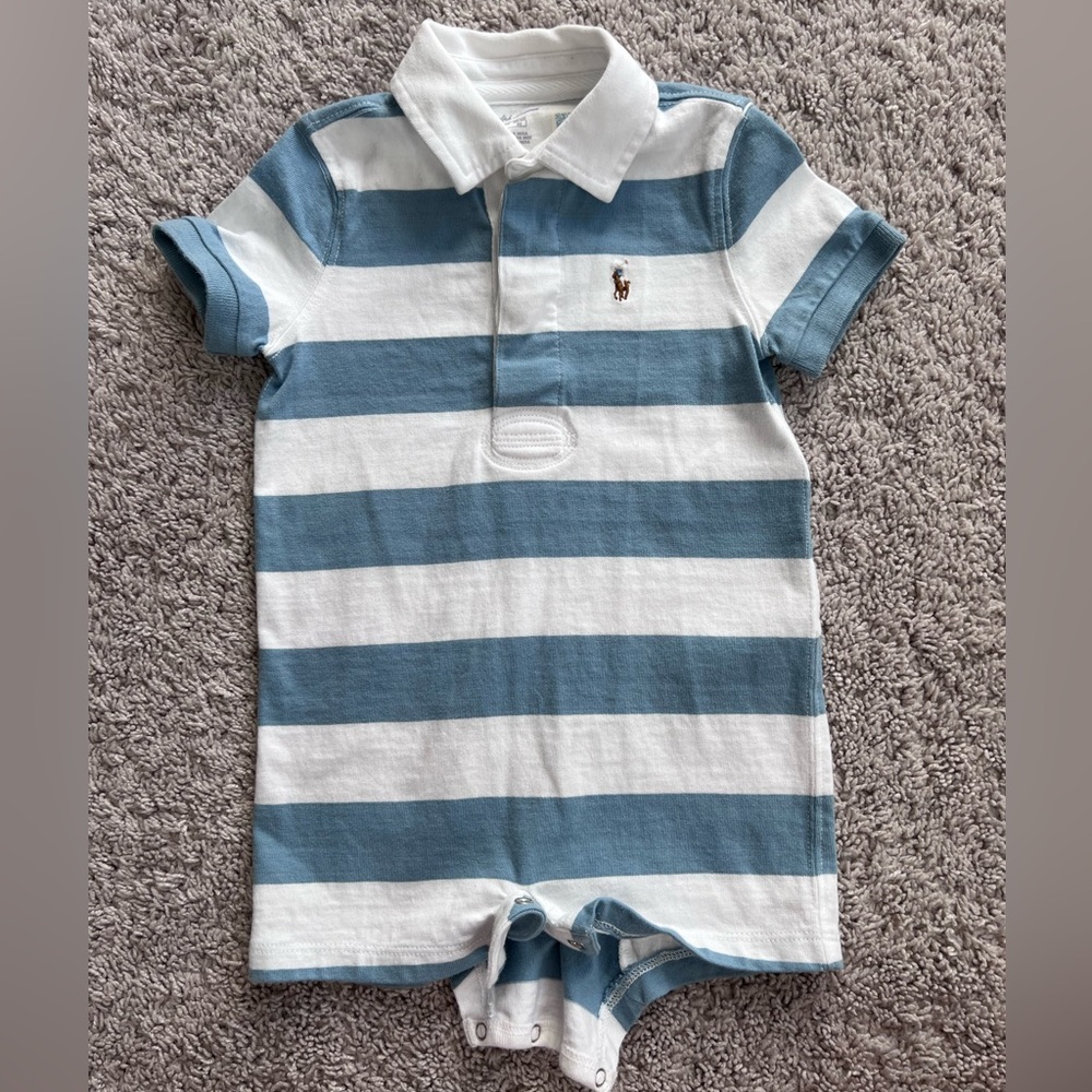 Ralph Lauren Blue Stripe Polo Romper, size 12m